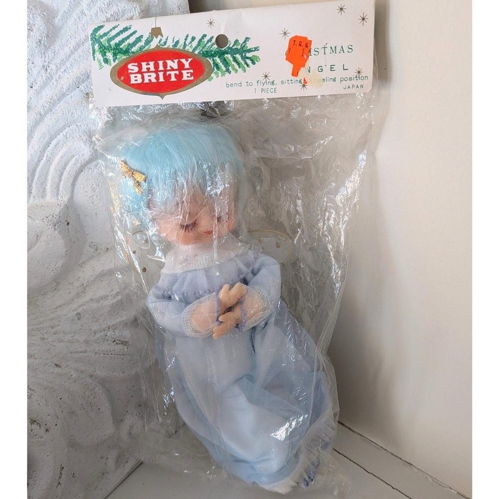 Vintage NOS Shiny Brite Blue Haired Christmas Angel‎ Pixie Fairy Bendable Japan
